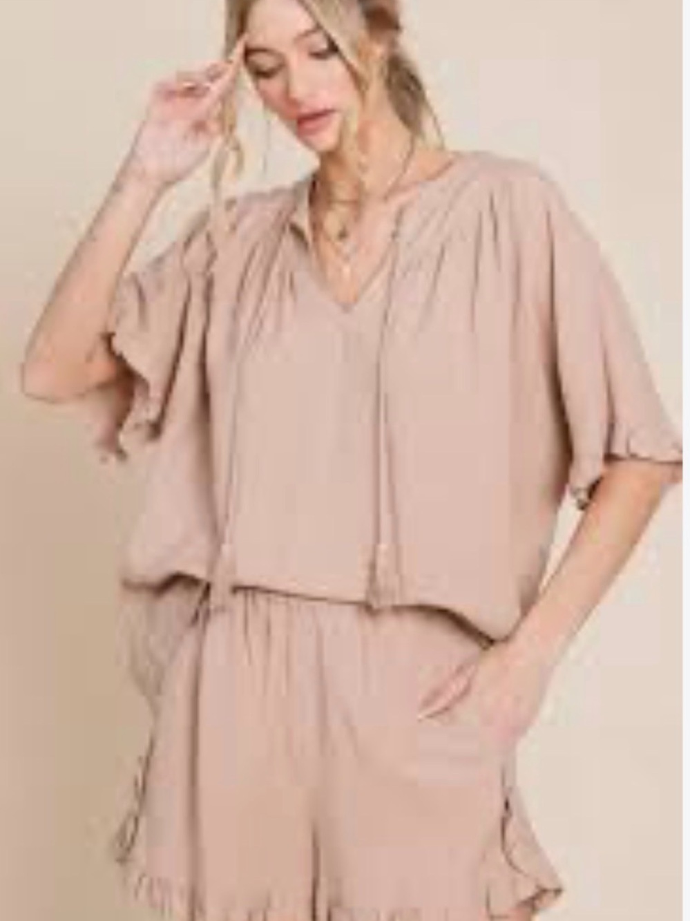 Anthropologie set 2 pieces Soft Taupe V-Neck Tassel Ruffle Tunic Size M
